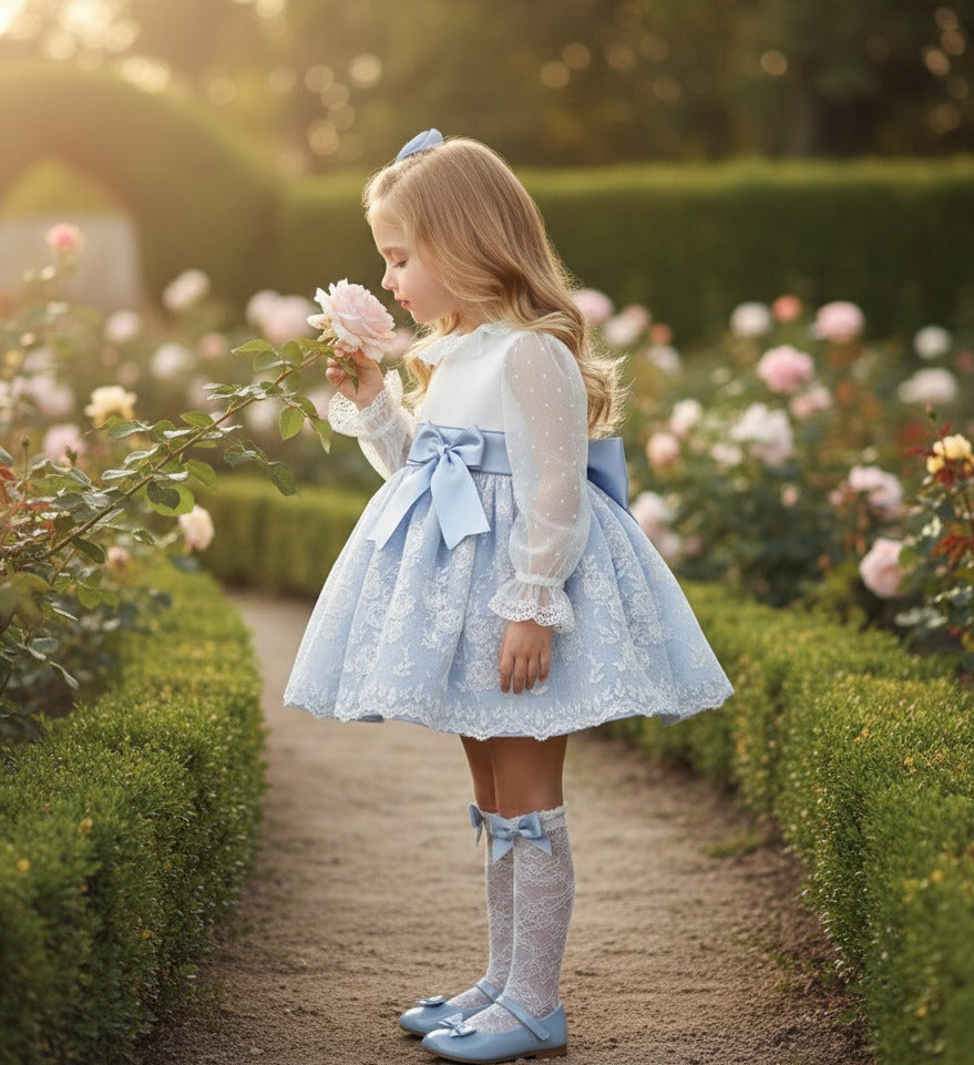 Sonata Handmade Camelia White & Baby Blue Dress SS26 (Made to order)