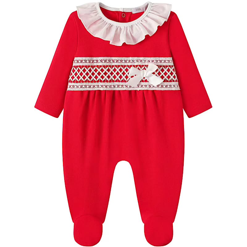 Baby Girls Red Ruffle Babygrow with Lace & Bow