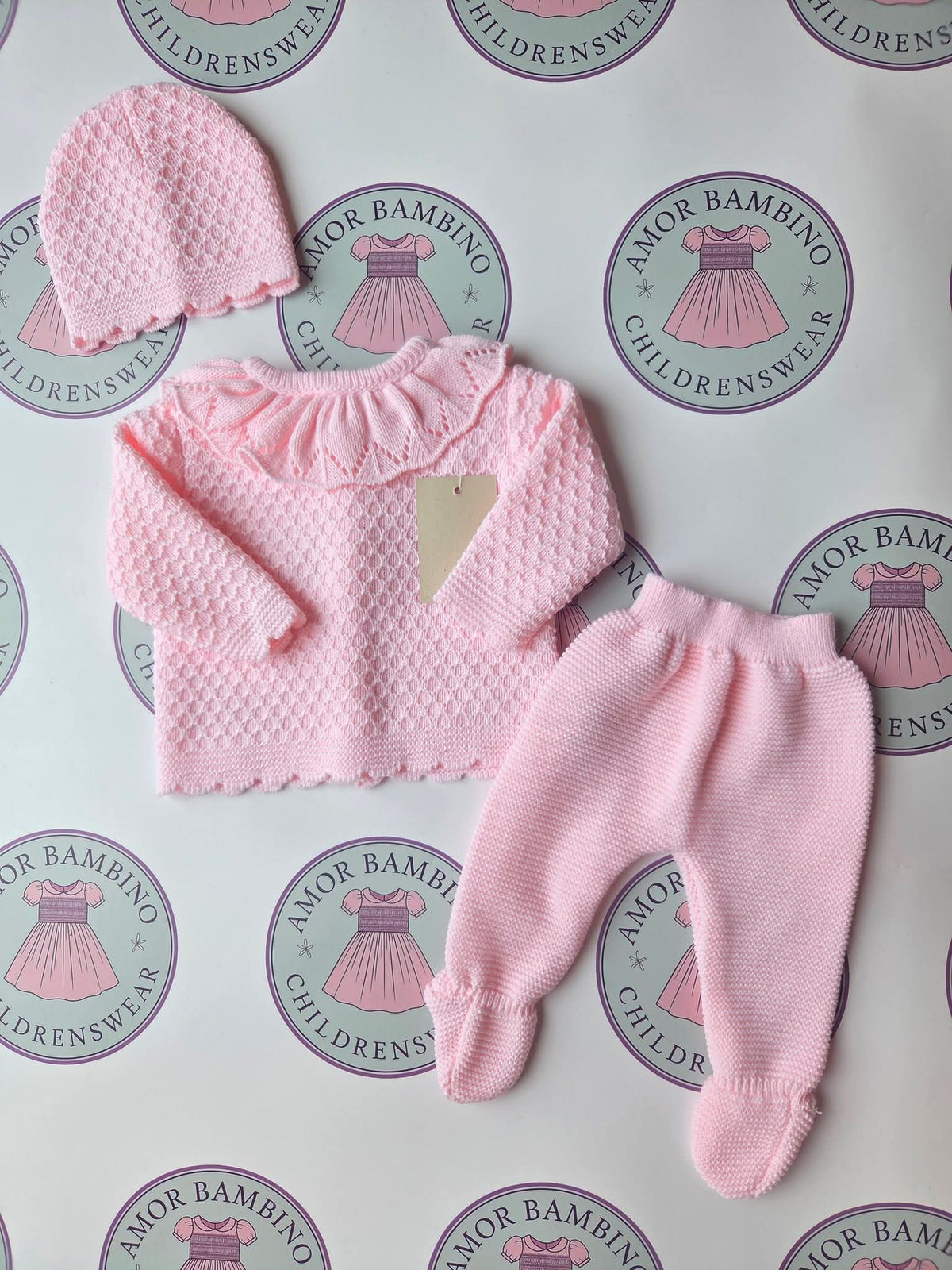 Baby Girls Ruffle Collar Pink 3 piece Knitted Set