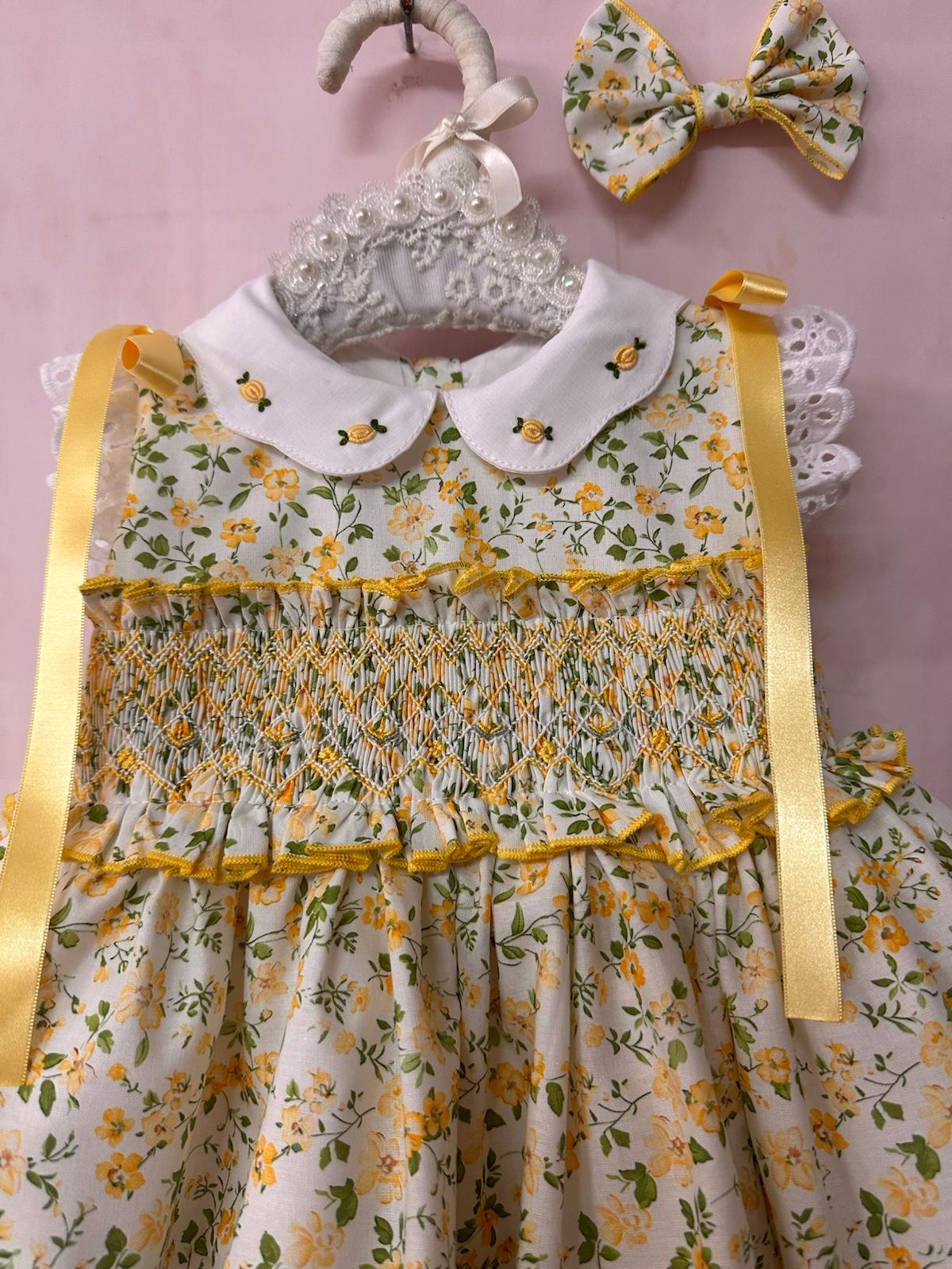 Sonata Girls Yellow Smocked Floral Dress & Hairbow SS26 - (Made To Order)