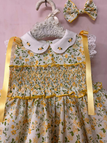 Sonata Girls Yellow Smocked Floral Dress & Hairbow SS26 - (Made To Order)