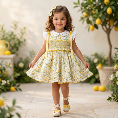 Sonata Girls Yellow Smocked Floral Dress & Hairbow SS26 - (Made To Order)