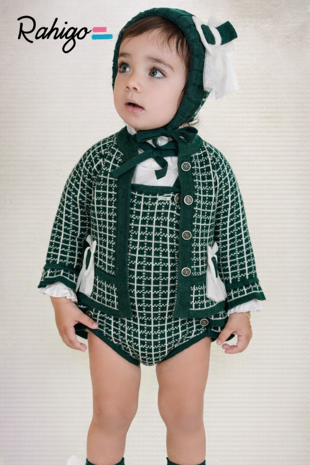 Rahigo Baby Girls Bottle Green & Camel Cardigan, Blouse & Pinafore Set - AW26 (Preorder)