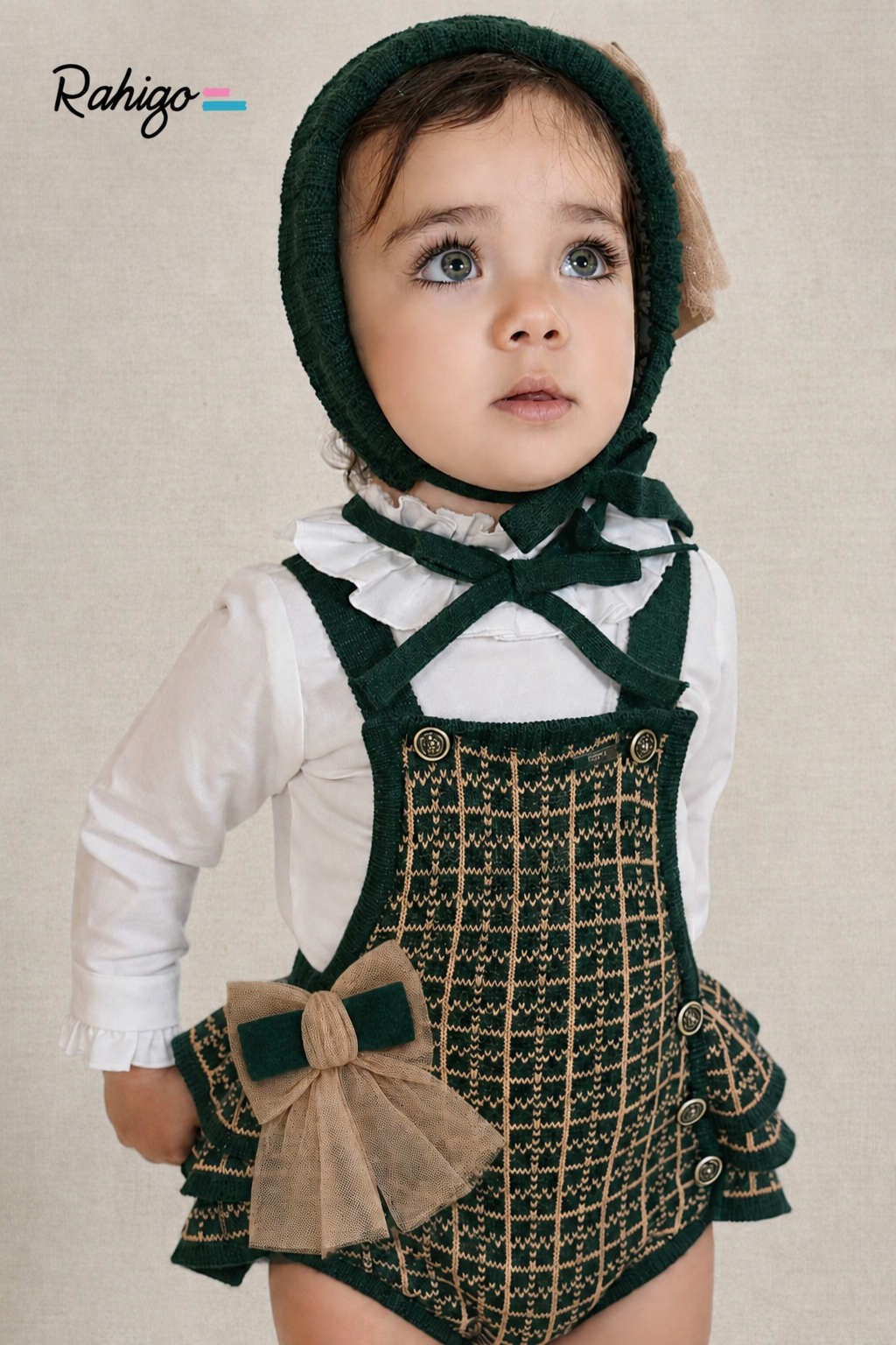 Rahigo Baby Girls Bottle Green & Camel Cardigan, Blouse & Pinafore Set - AW26 In Stock