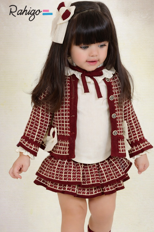 Rahigo Girls Burgandy & Cream Cardigan, Blouse & Skirt Set - AW26 (Preorder)