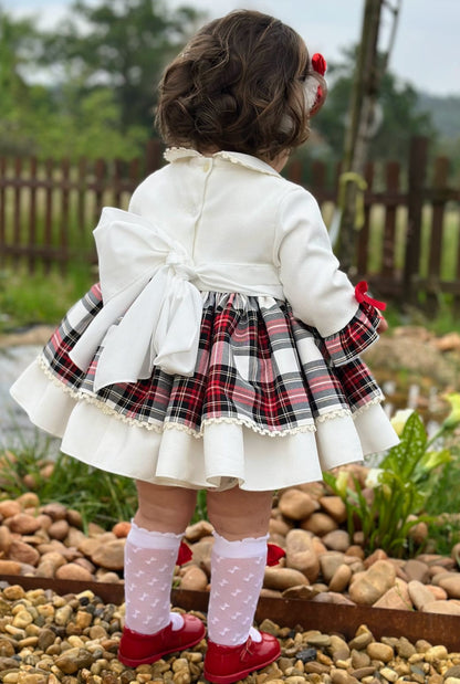 Girls White Tartan Puffball Dress AW (Made to order)