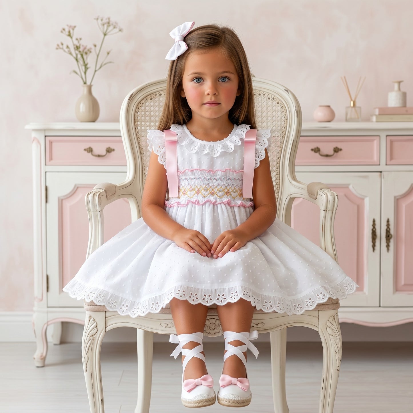 Sonata Girls White Plumetti Smocked Dress & Hairbow SS26 - (Made To Order)
