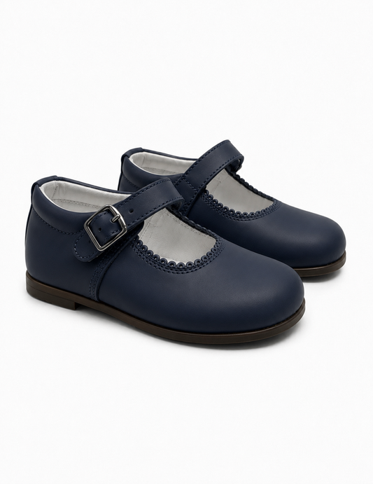 Girls Navy Matte Leather Buckle Shoes (Preorder)