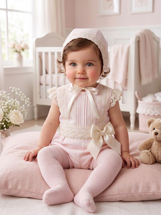 Sonata Girls Baby Pink Pinquè Set with bonnet SS26 - (Made To Order)