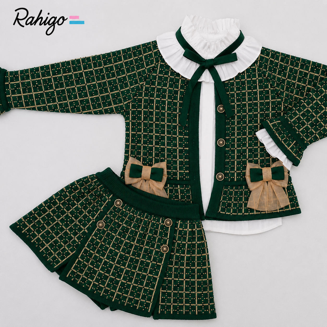 Rahigo Girls Bottle Green & Camel Cardigan, Blouse, Skirt & Socks Set - AW26 In Stock