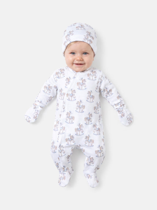 Boys Baby Blue Rocking Horse Velour Babygrow 3 piece Set
