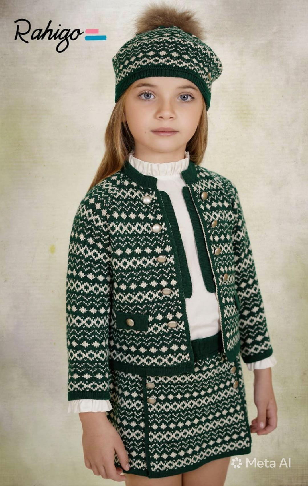 Rahigo Girls Bottle Green & Cream Cardigan, Blouse & Skirt Set - AW26 (Preorder)