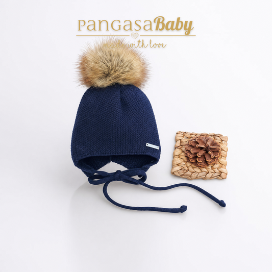 Pangasa Baby Navy Natural Fur Pom String Tie Hat - Preorder