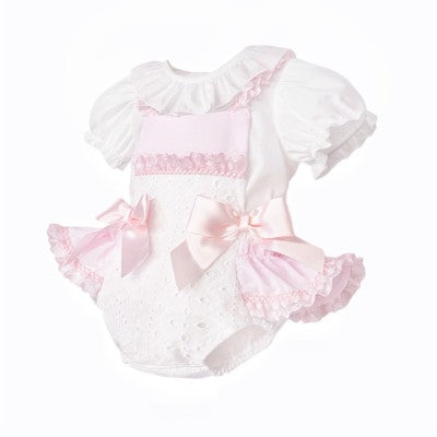 Baby Girl Pink & White Embroidery Blouse & Romper Set