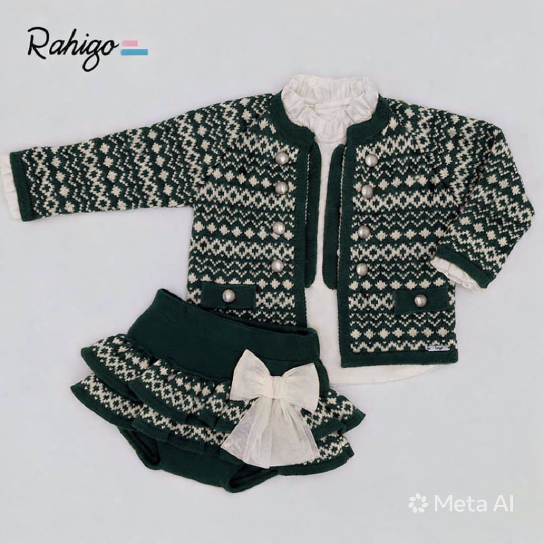 Rahigo Baby Girls Bottle Green & Cream Cardigan, Blouse & Skirt Set - AW26 (Preorder)