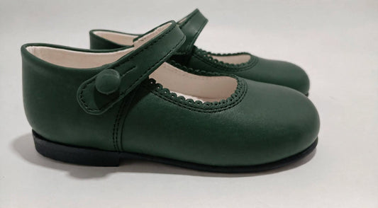 Girls Bottle Green Matte Leather Button Mary Jane Shoes - In Stock