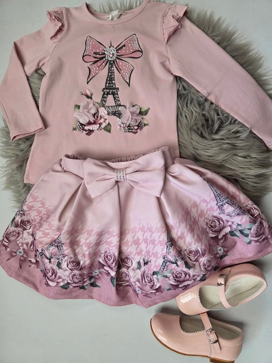 Girls Dusky Pink Eiffel Tower Top & Skirt Set
