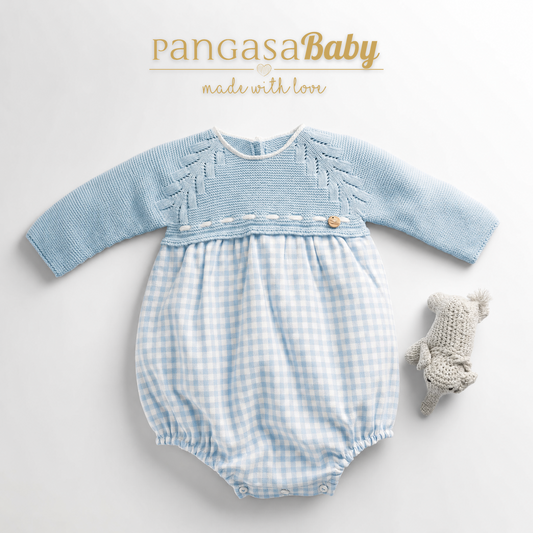 Pangasa Baby Blue Checked Halfknit Romper ~ AW26 Preorder