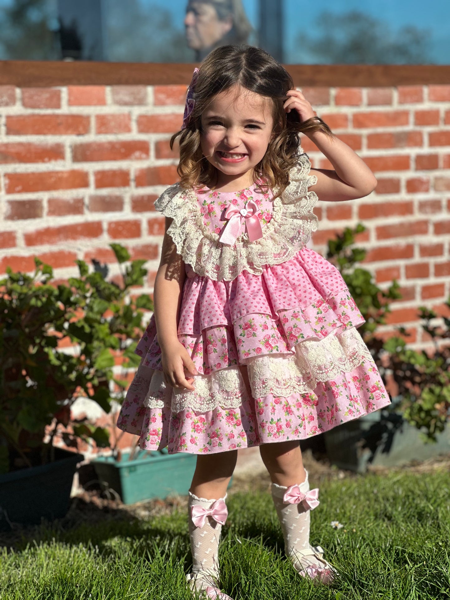 Sonata Roses & Hearts Layered Ruffle Dress & Hair Bow - (Made To Order)