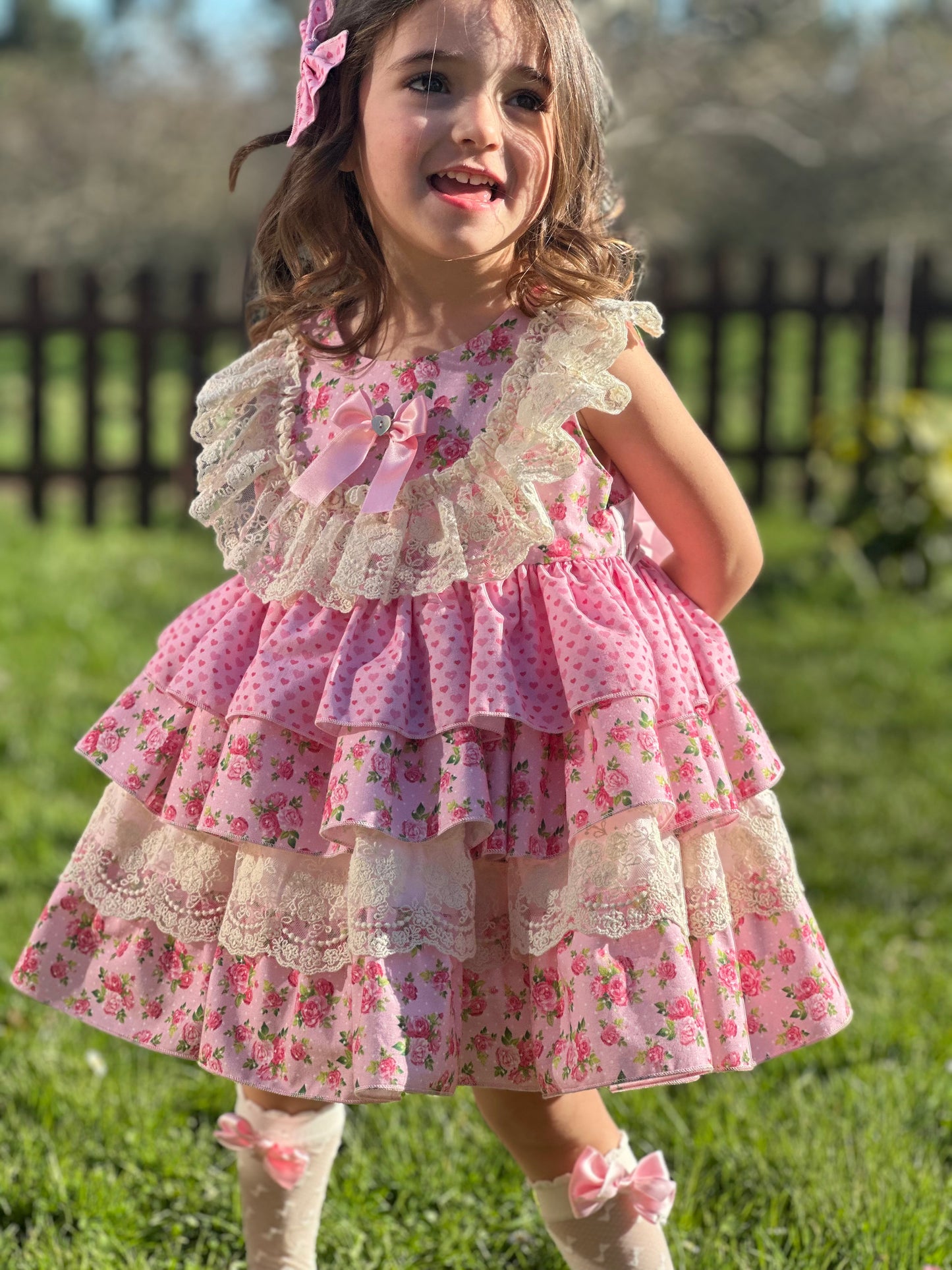 Sonata Roses & Hearts Layered Ruffle Dress & Hair Bow - (Made To Order)