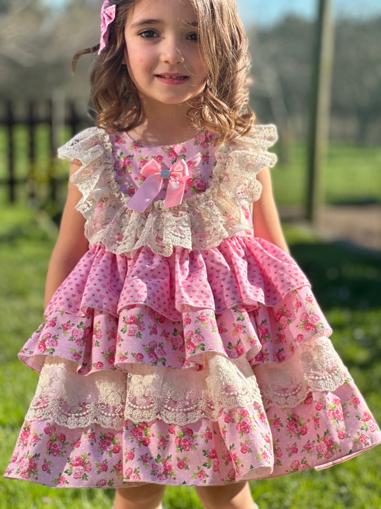 Sonata Roses & Hearts Layered Ruffle Dress & Hair Bow - (Made To Order)