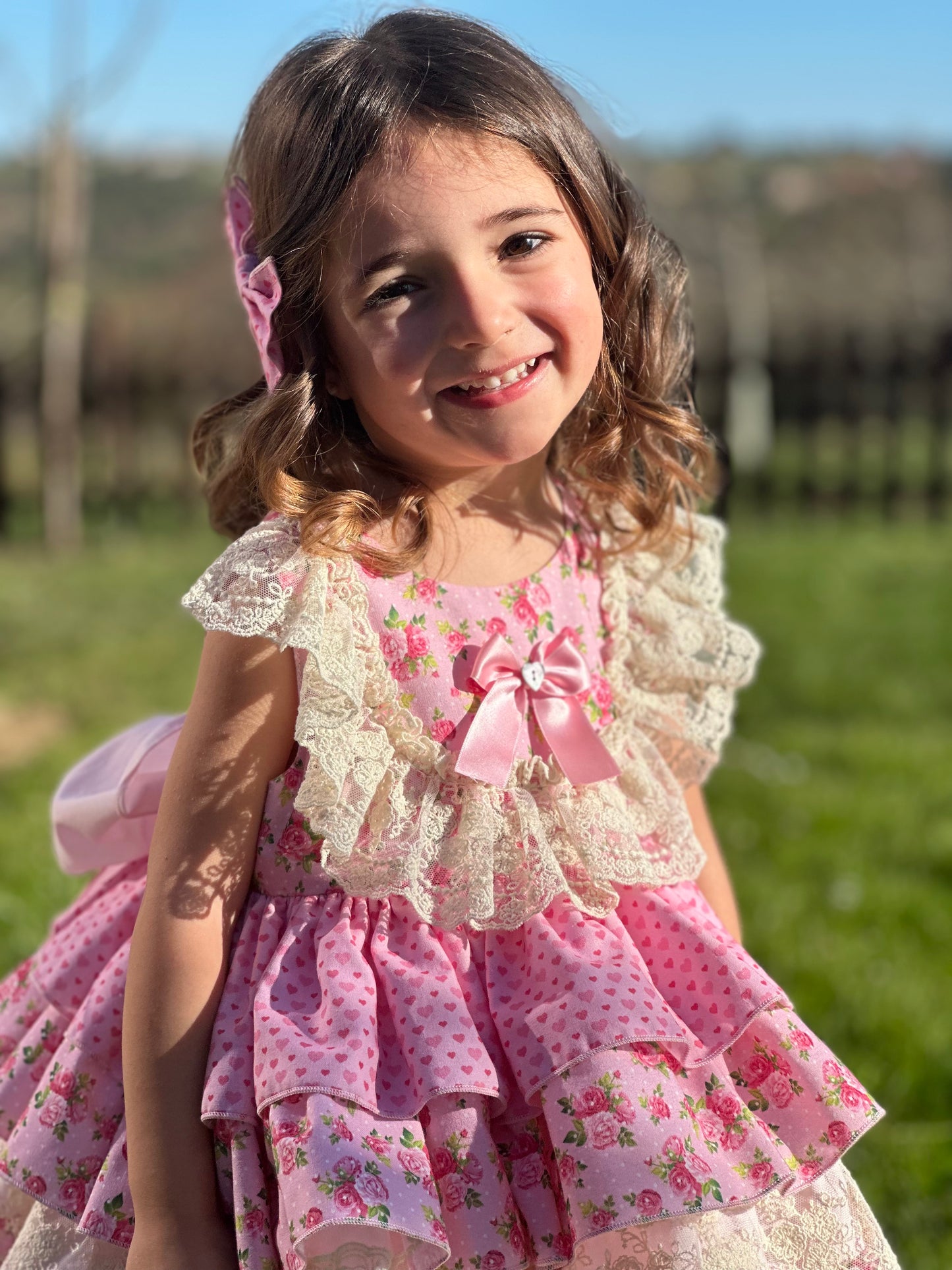 Sonata Roses & Hearts Layered Ruffle Dress & Hair Bow - (Made To Order)