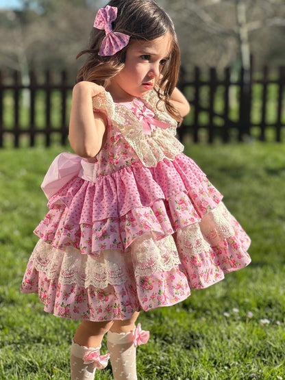 Sonata Roses & Hearts Layered Ruffle Dress & Hair Bow - (Made To Order)