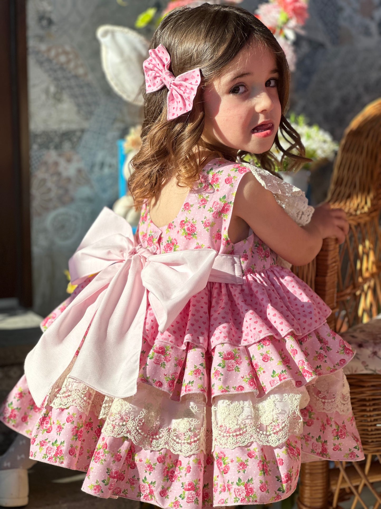 Sonata Roses & Hearts Layered Ruffle Dress & Hair Bow - (Made To Order)